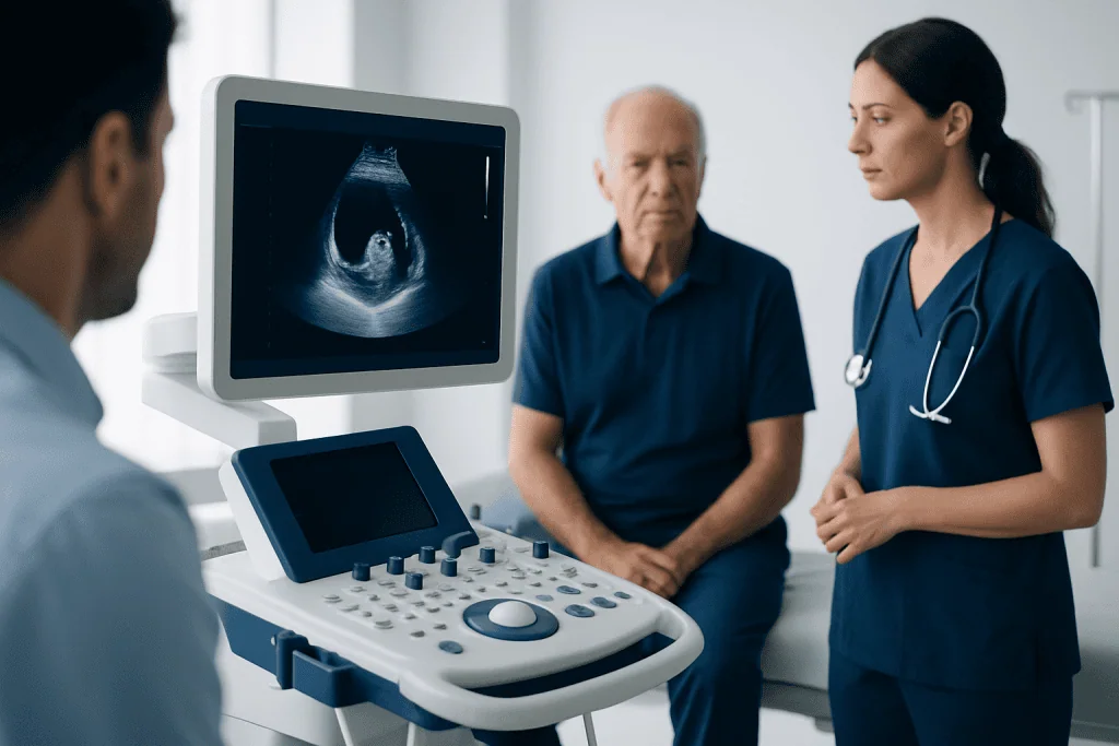 Doctor and nurse examining heart ultrasound of elderly patient in hospital.