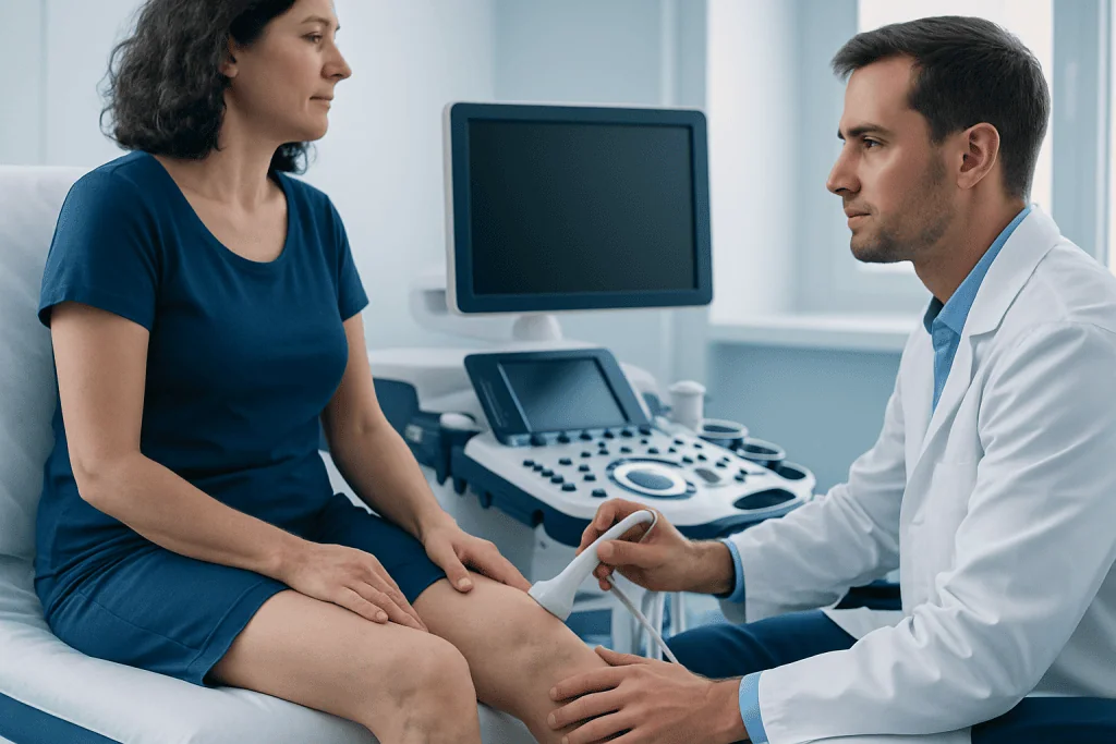 Doctor examining a woman's leg in a medical consultation room.