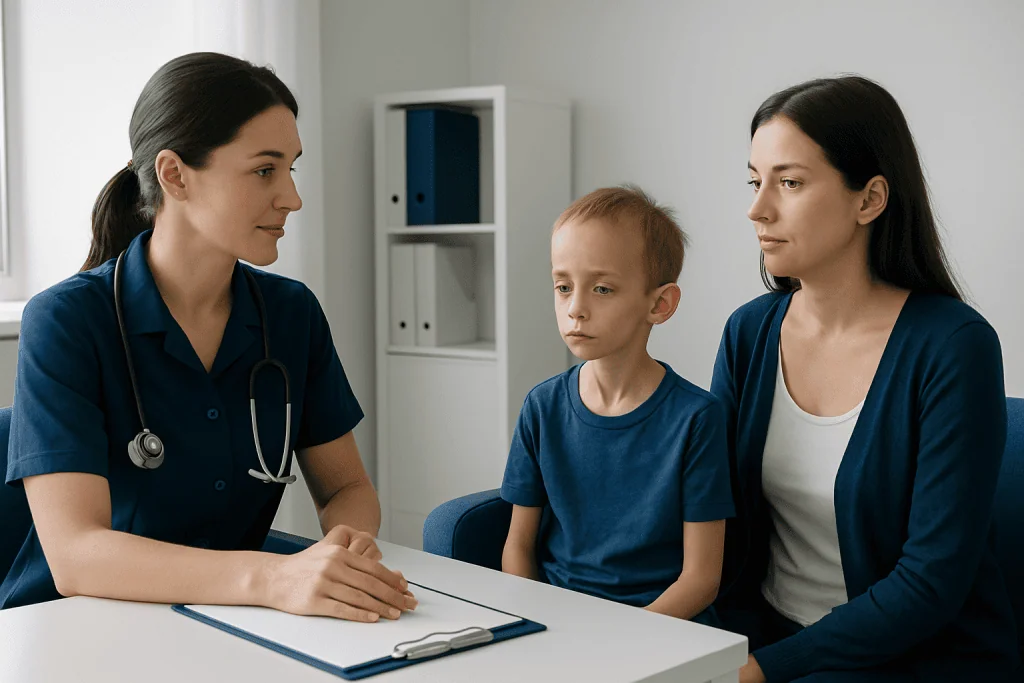 Doctor consulting with a young boy and his mother in a medical office.