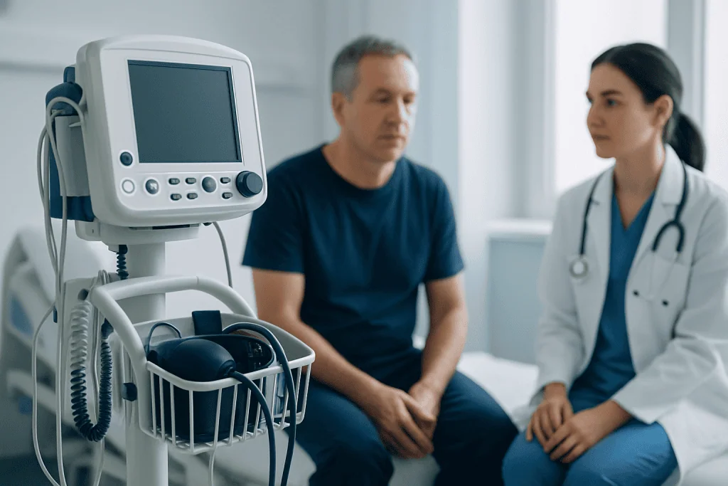 Doctor consulting patient in a hospital room with medical equipment nearby.