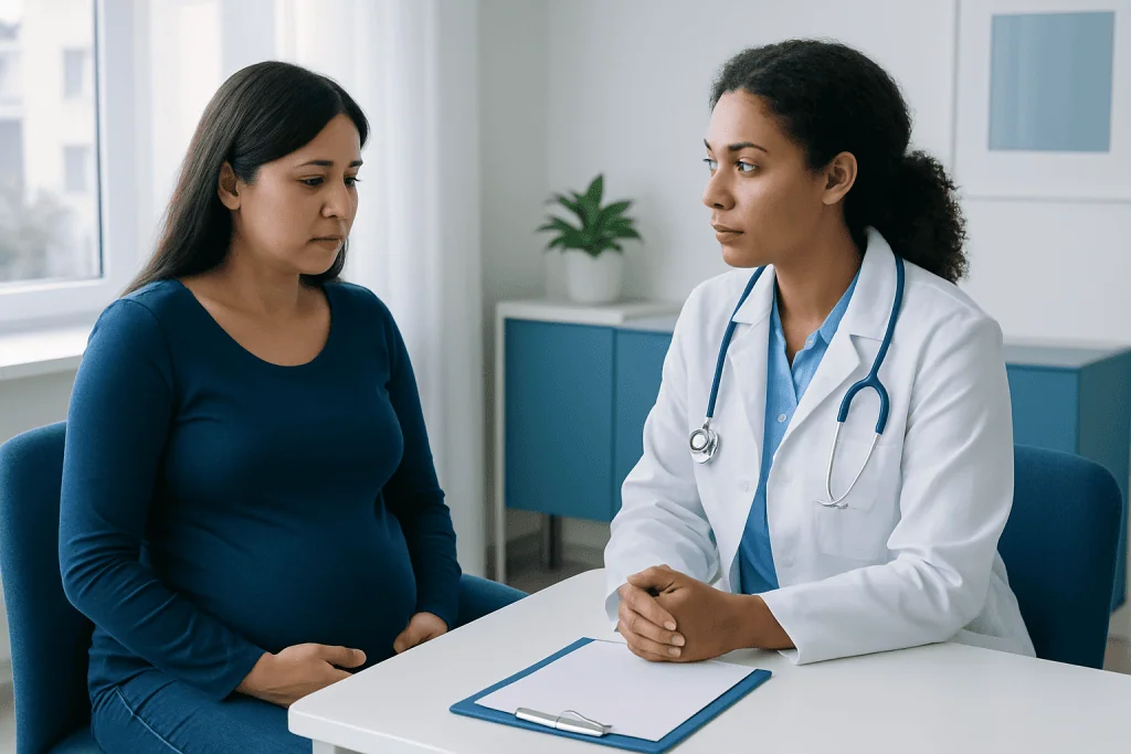 Pregnant woman consulting with a doctor in a medical office.
