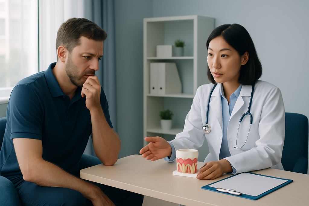 Dentist explaining gum disease to male patient in consultation room.