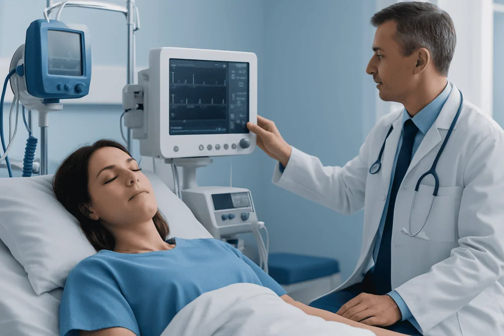 Doctor monitoring neurophysiology test on patient in hospital.