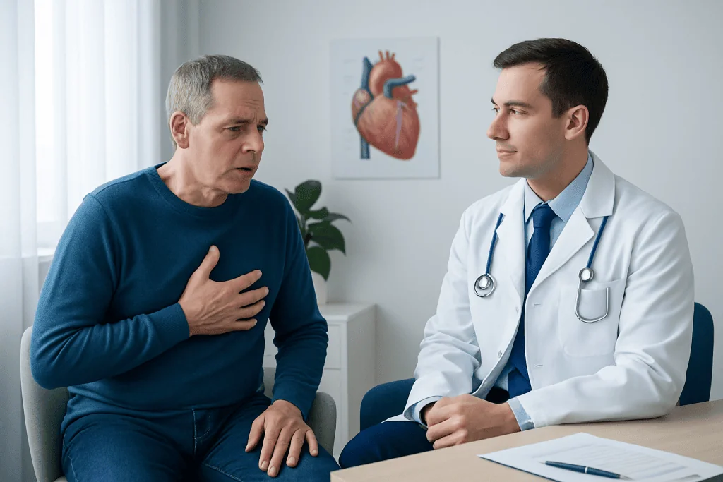 Doctor consulting with a patient about heart health in a medical office.