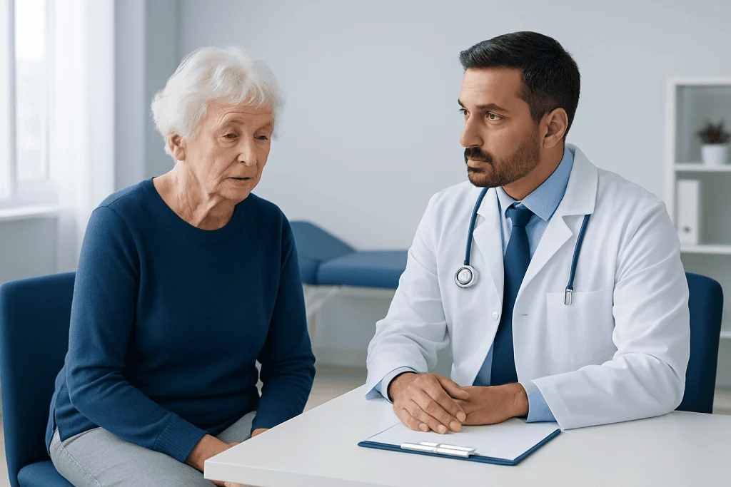 Elderly woman consulting with a doctor in a medical office.
