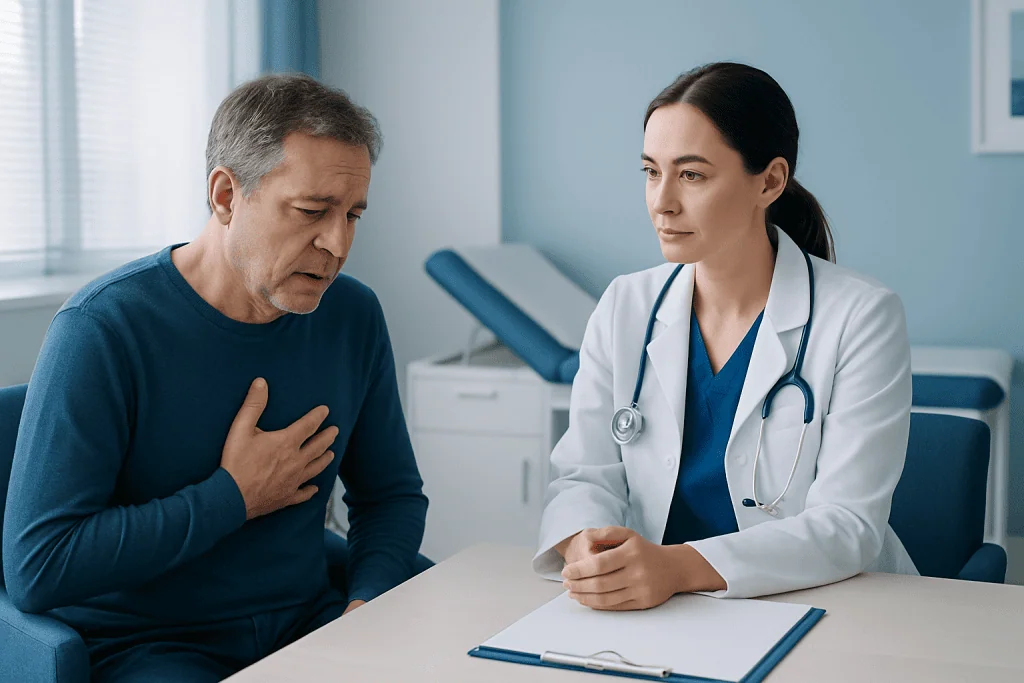 Doctor consulting with a patient experiencing chest pain in a hospital setting.