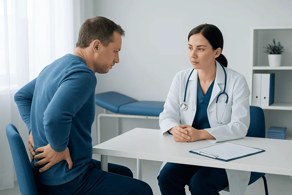 Doctor consulting with a patient about back pain in a medical office.