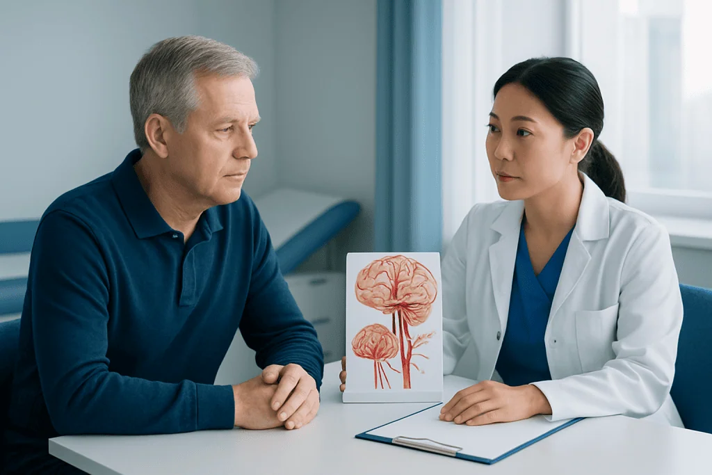 Doctor explaining brain aneurysm to patient in consultation room.