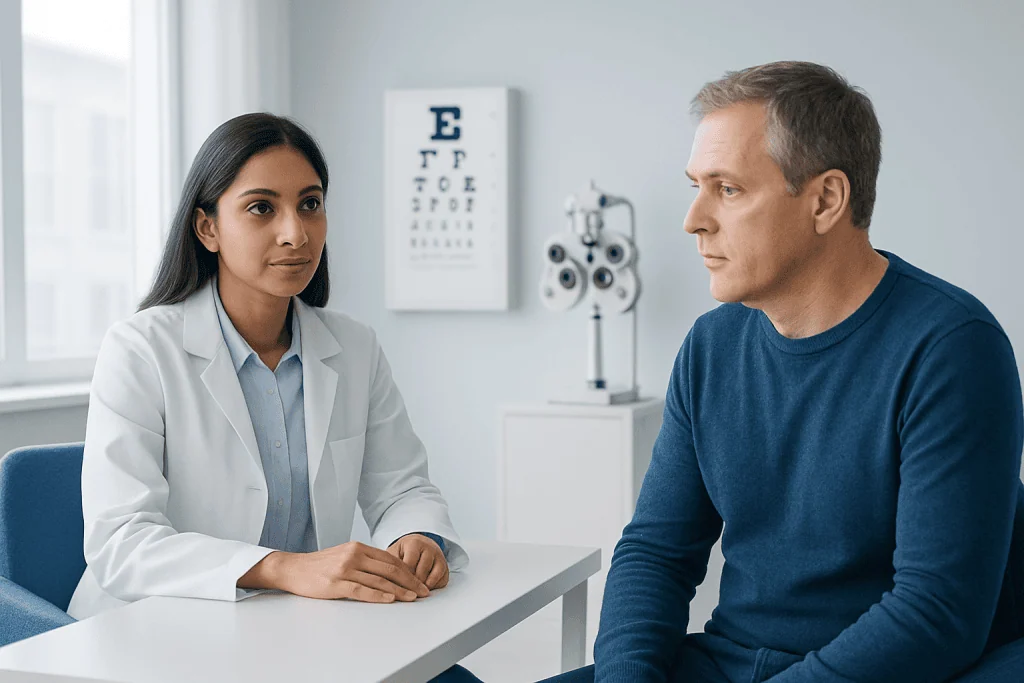 Doctor consulting with a patient in an ophthalmology clinic.