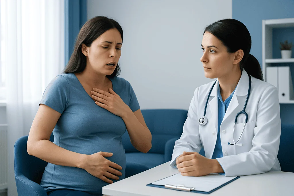 Pregnant woman experiencing breathing problems during medical consultation.