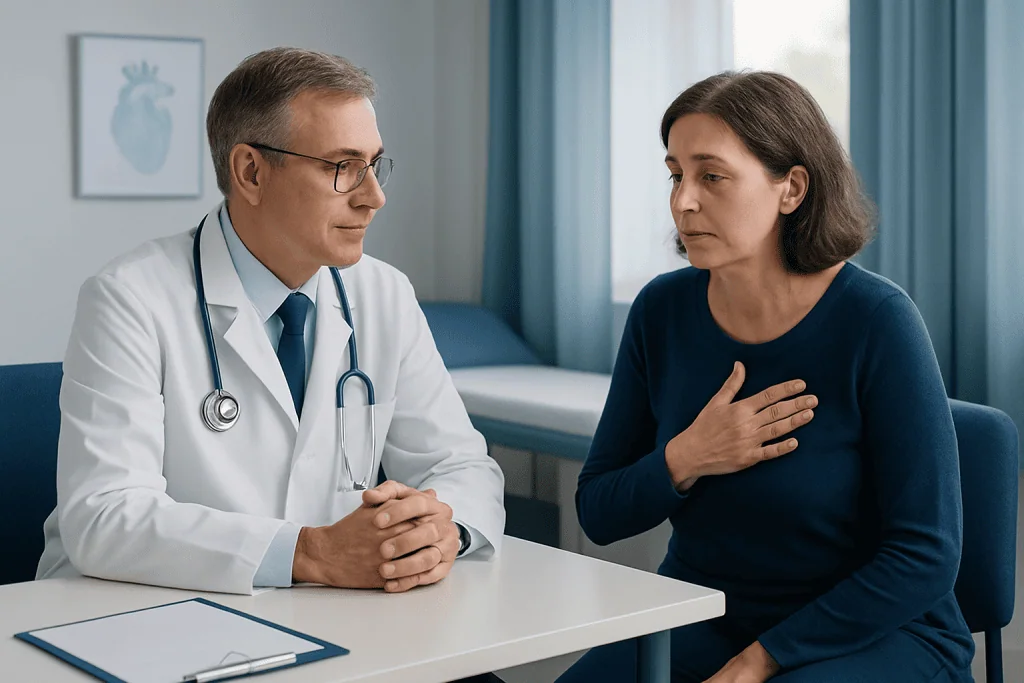Doctor consulting with a female patient about heart health in a clinic setting.