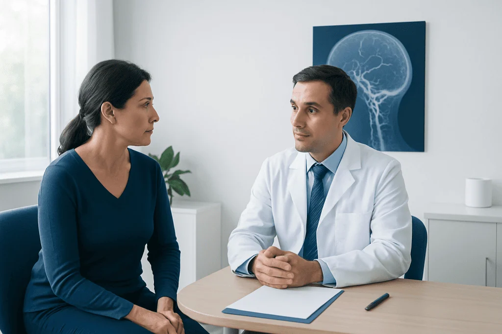 Doctor consulting with a female patient in a medical office.
