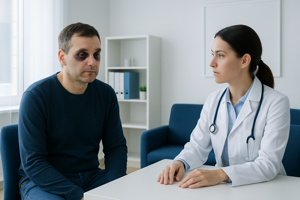 Doctor consulting with patient about dark circles and eye health.