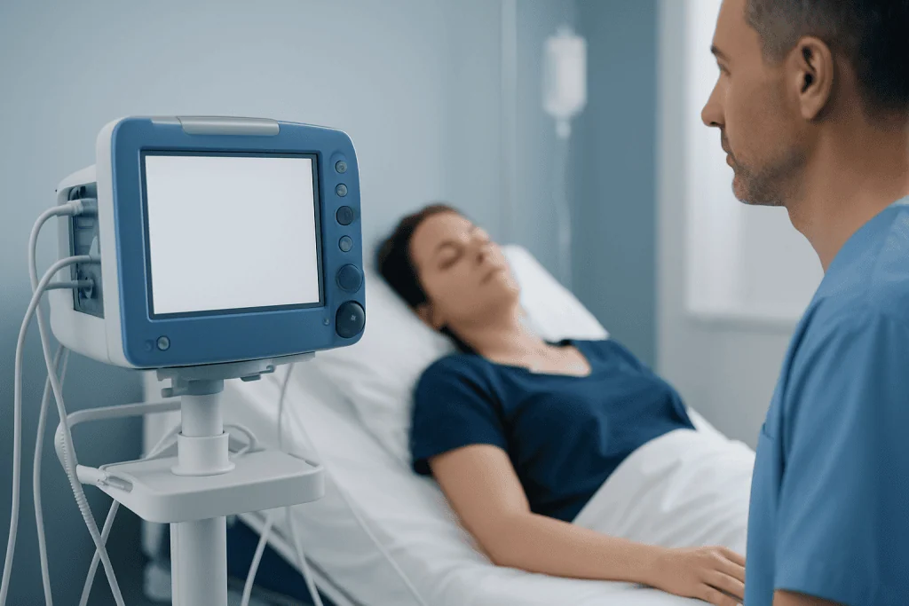 Medical professional monitoring patient during a heart rhythm test in hospital.