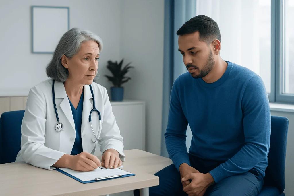 Doctor consulting with a male patient in a medical office.