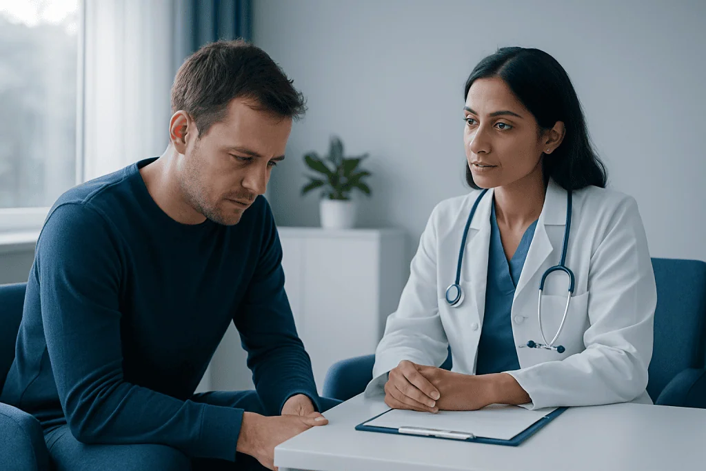 Doctor consulting with a male patient in a modern clinic setting.