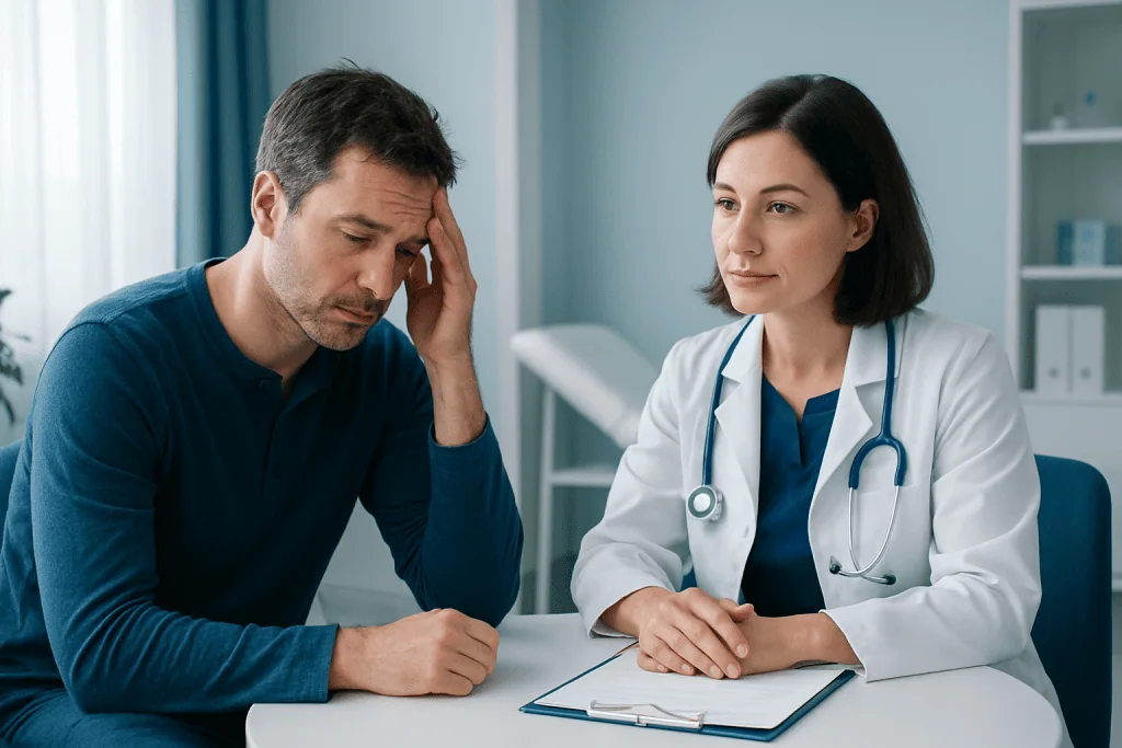 Patient consulting with doctor about health concerns in a medical office.