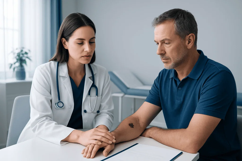 Doctor examining a patient's arm in a clinical setting.