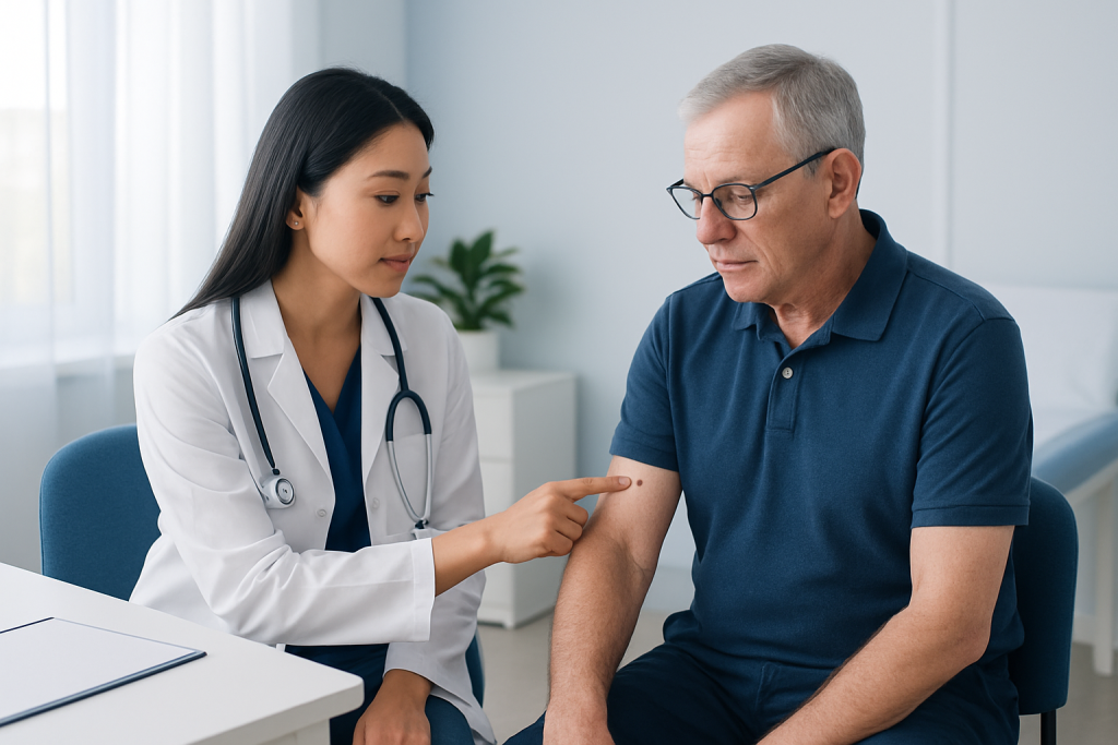 Doctor explaining skin condition to an older male patient in a clinic.