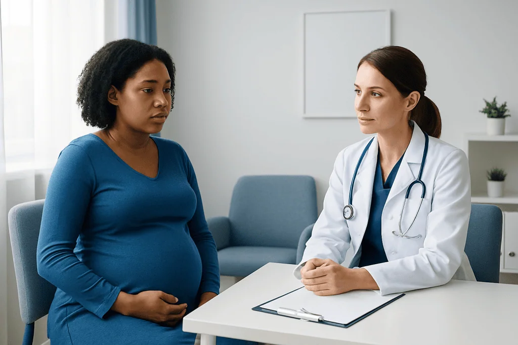 Doctor consulting pregnant woman in a medical office setting.