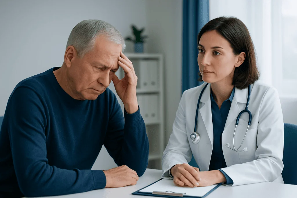 Doctor consulting with an elderly patient experiencing headache or confusion.