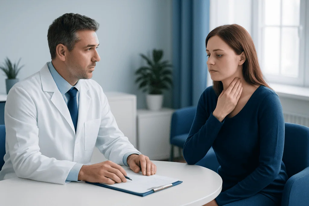 Doctor consulting with a woman patient about health concerns in a medical office.