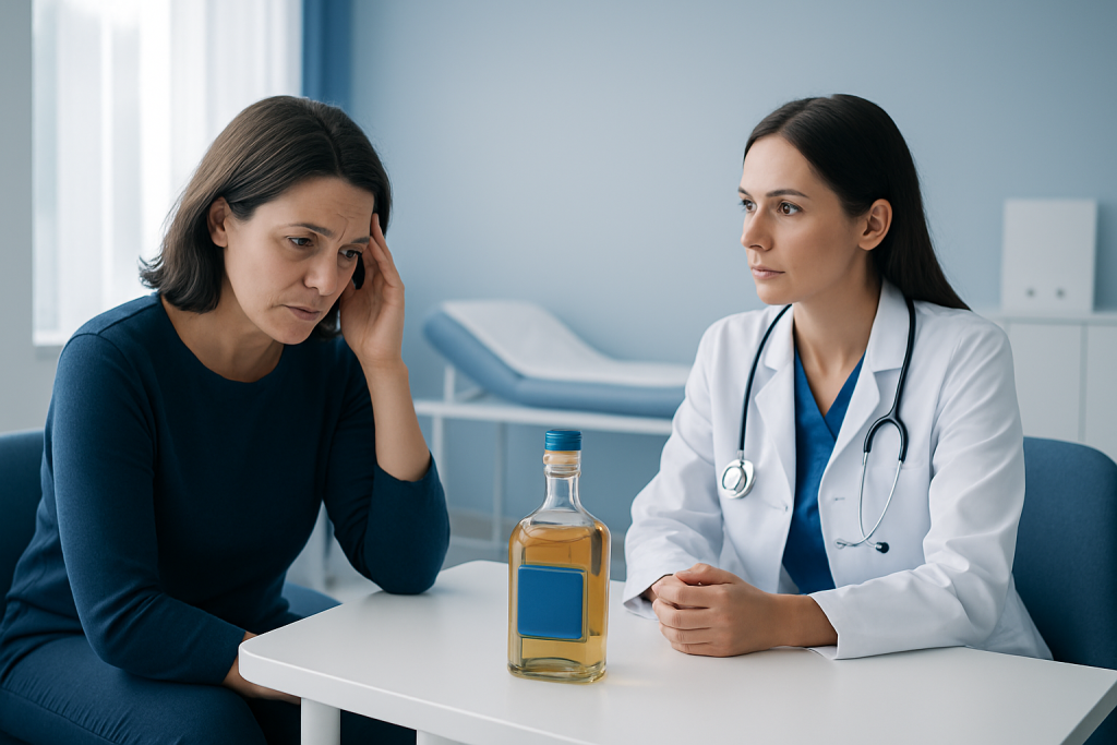 Doctor consulting with a patient in a medical office with a bottle of alcohol on the table.