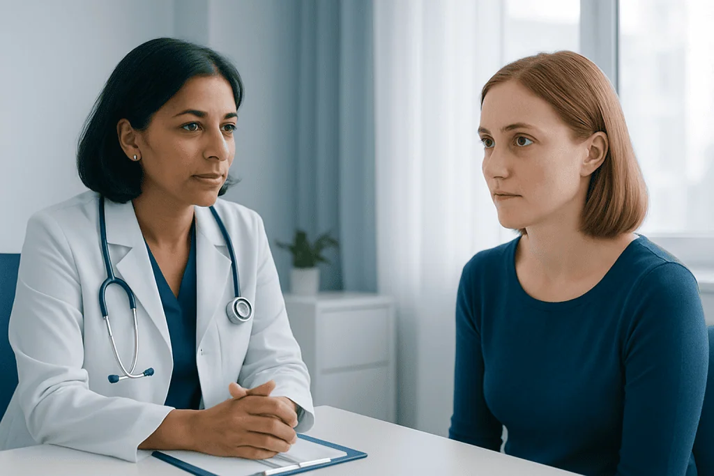 Doctor consulting with a patient in a medical office setting.