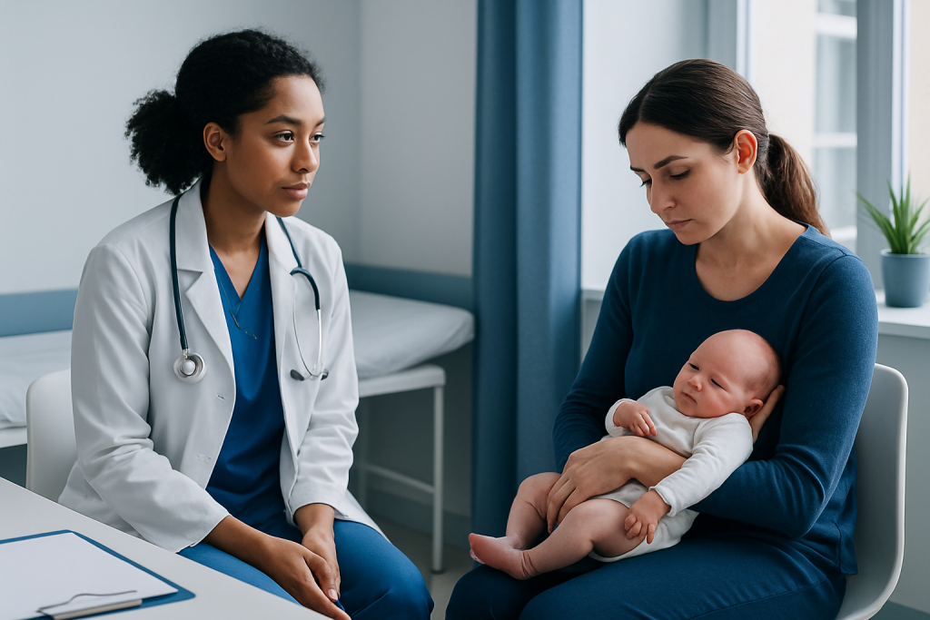 Pediatric consultation with a doctor and mother holding a baby in a clinic.
