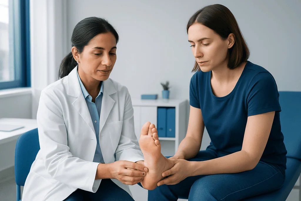 Doctor examining patient's foot in a clinical setting.