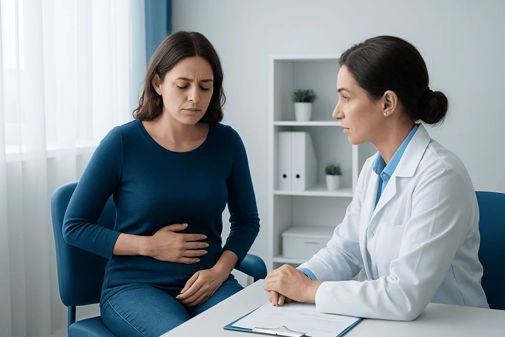 Woman experiencing abdominal pain during medical consultation at hospital.