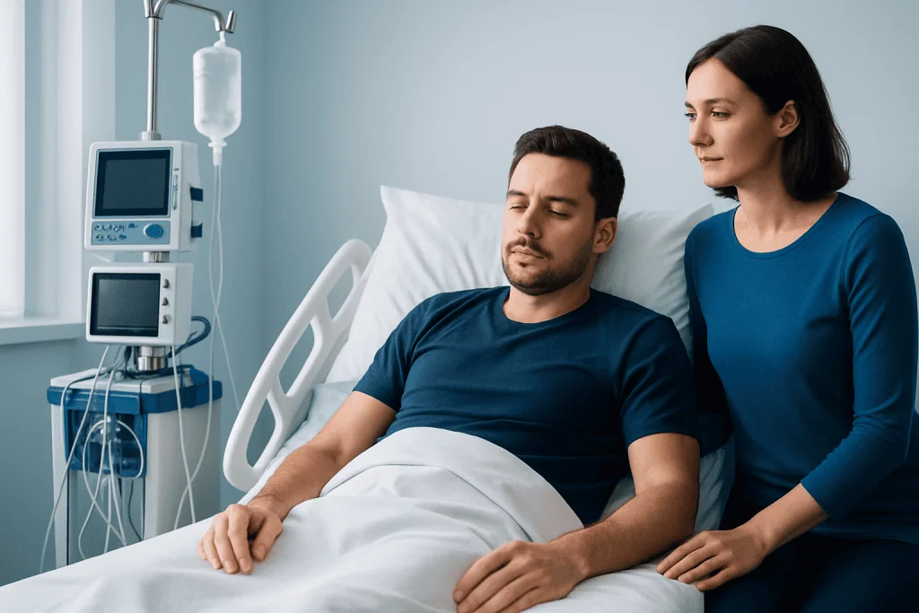 Patient resting in hospital bed with medical monitors nearby.