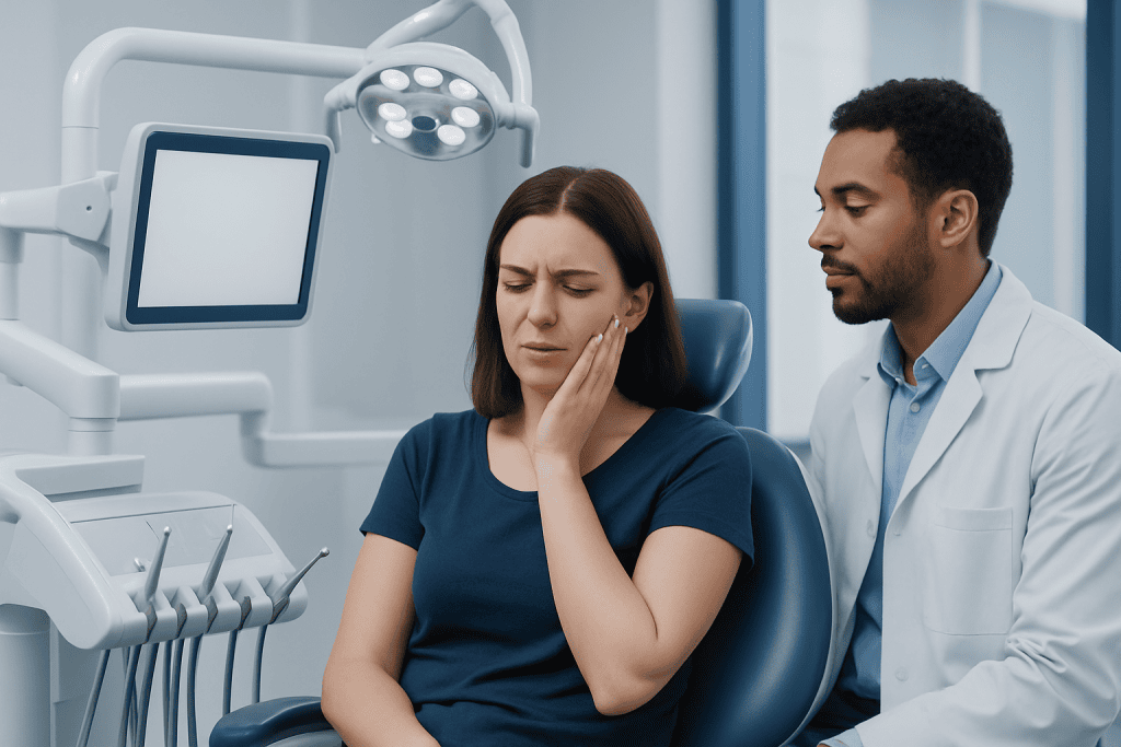 Patient experiencing mouth pain during dental consultation at Acibadem Hospital.