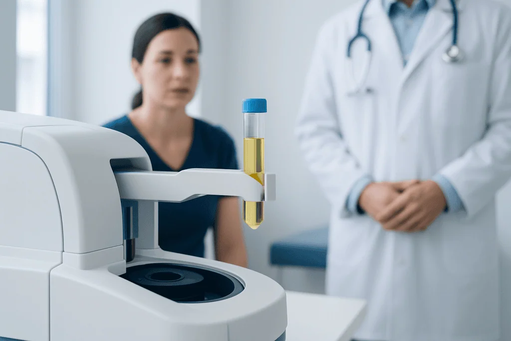 Urine test being conducted in a medical laboratory setting.