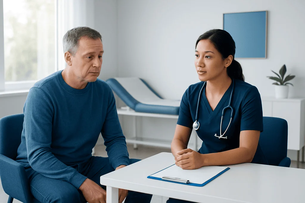 Doctor consulting with a male patient in a hospital room.