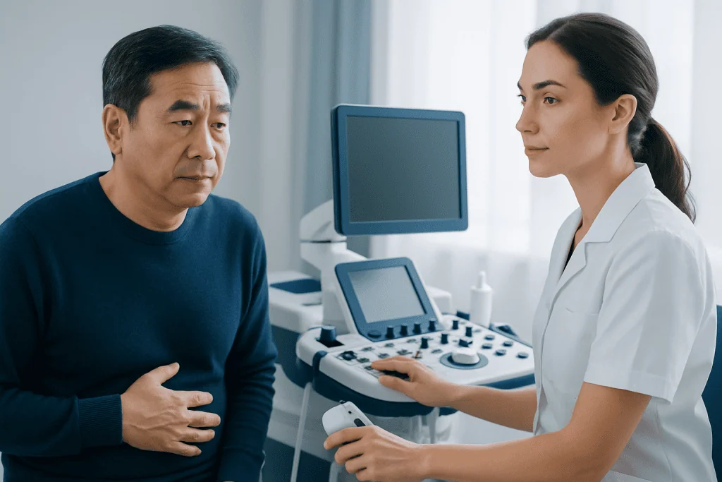 Doctor performing ultrasound examination on male patient in clinic.
