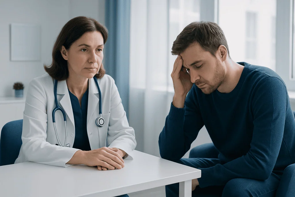 Doctor consulting with a young male patient in a medical office.