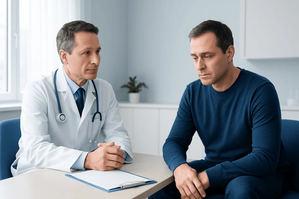 Doctor consulting with male patient in a medical office.