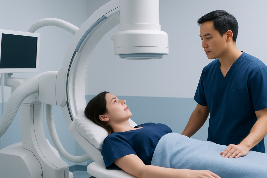 Medical professional preparing patient for imaging procedure at Acibadem Hospital.