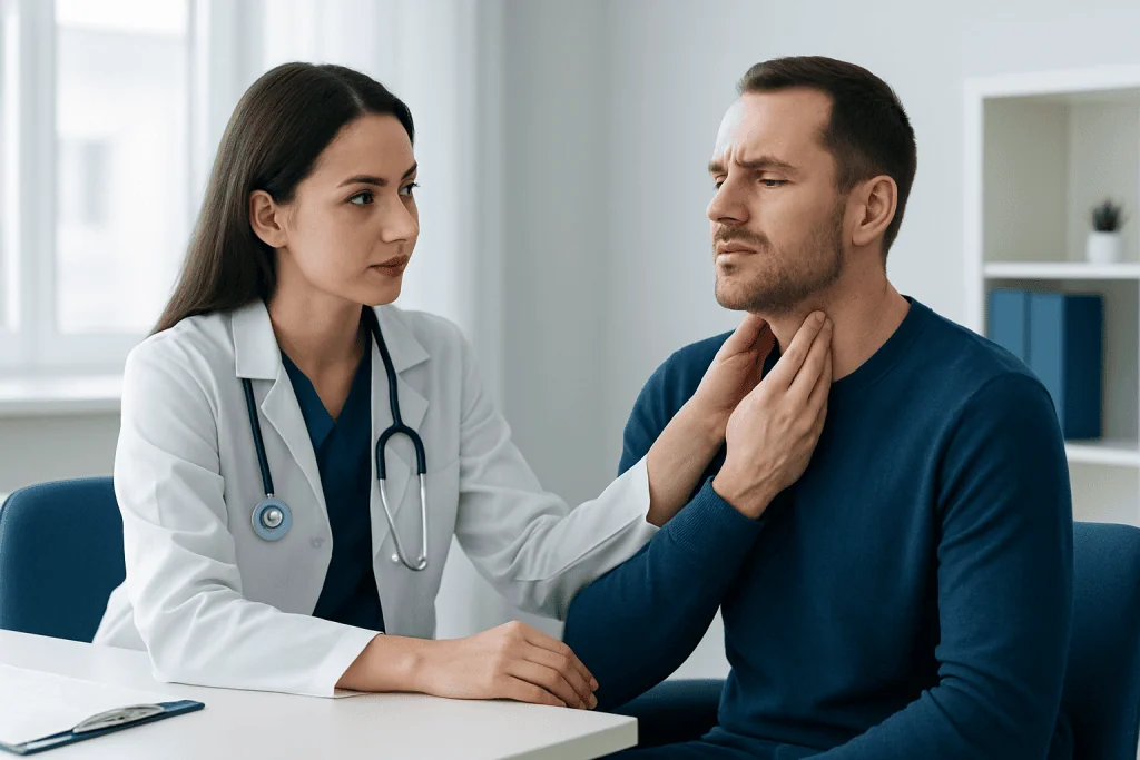 Doctor examining a patient's neck for swollen lymph nodes in a clinical setting.