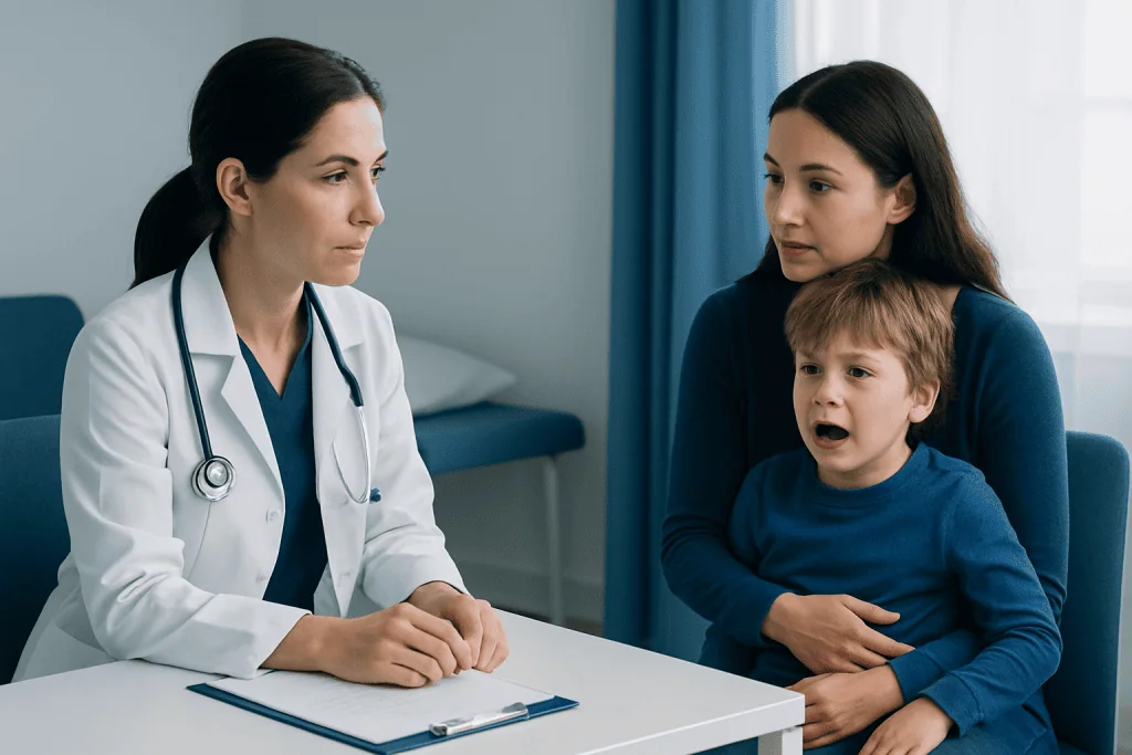 Doctor consulting with mother and child in a medical office.