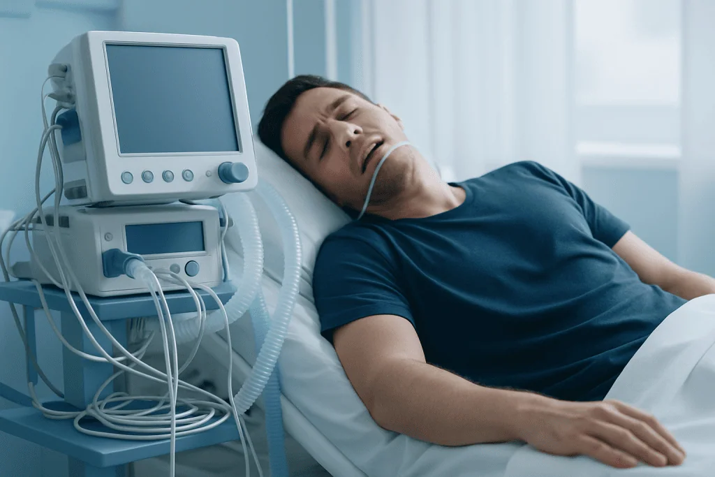 Patient sleeping in hospital bed connected to medical monitoring devices.