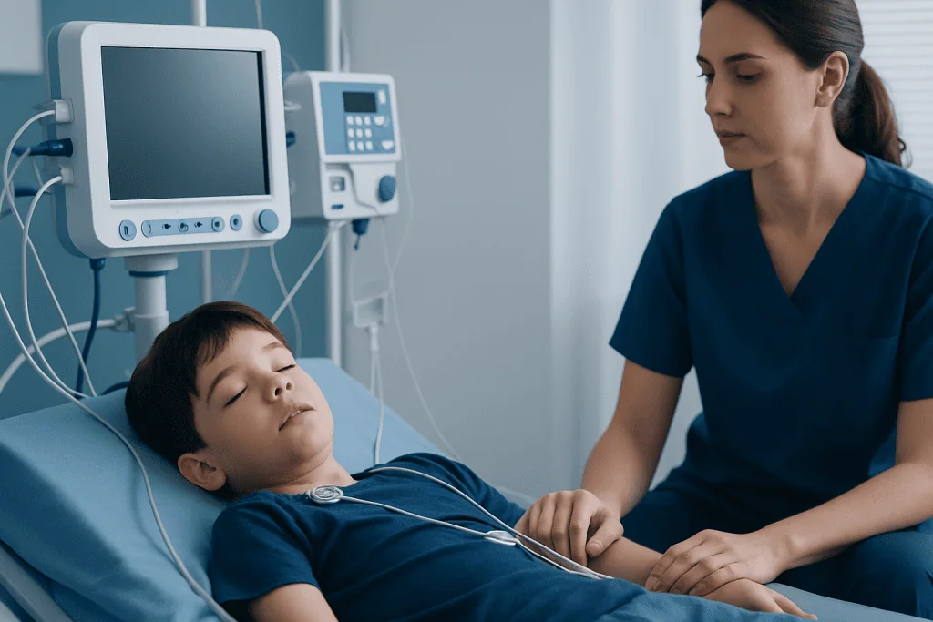 Fainting in Children: Common Triggers, Evaluation, and When It Could Be Serious 1 Pediatric patient in hospital bed with monitoring devices, nurse attending.