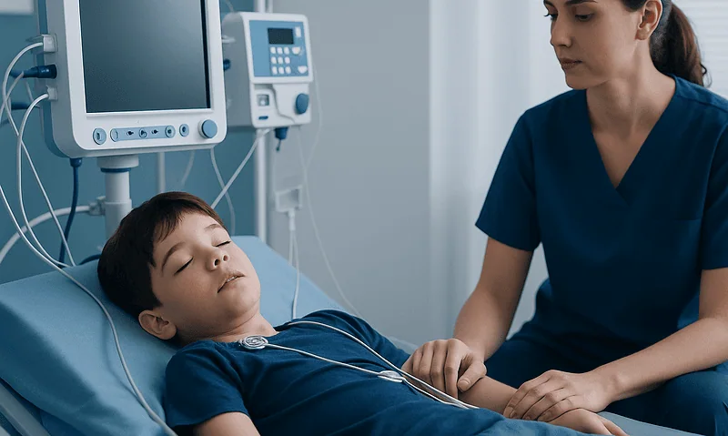 Pediatric patient in hospital bed with monitoring devices, nurse attending.