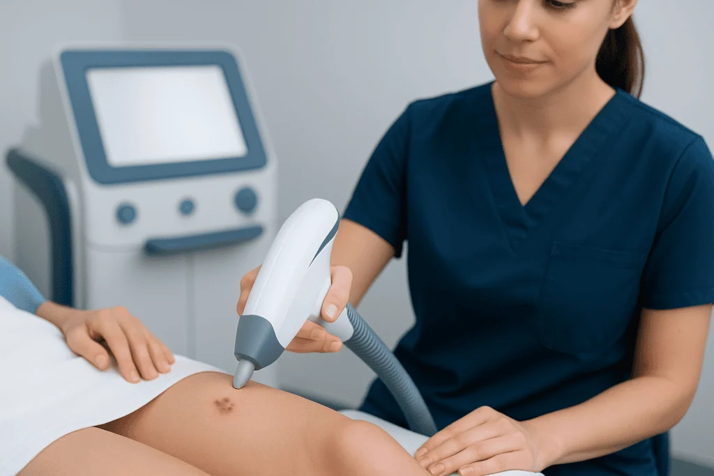 Medical professional performing laser treatment on patient's skin.