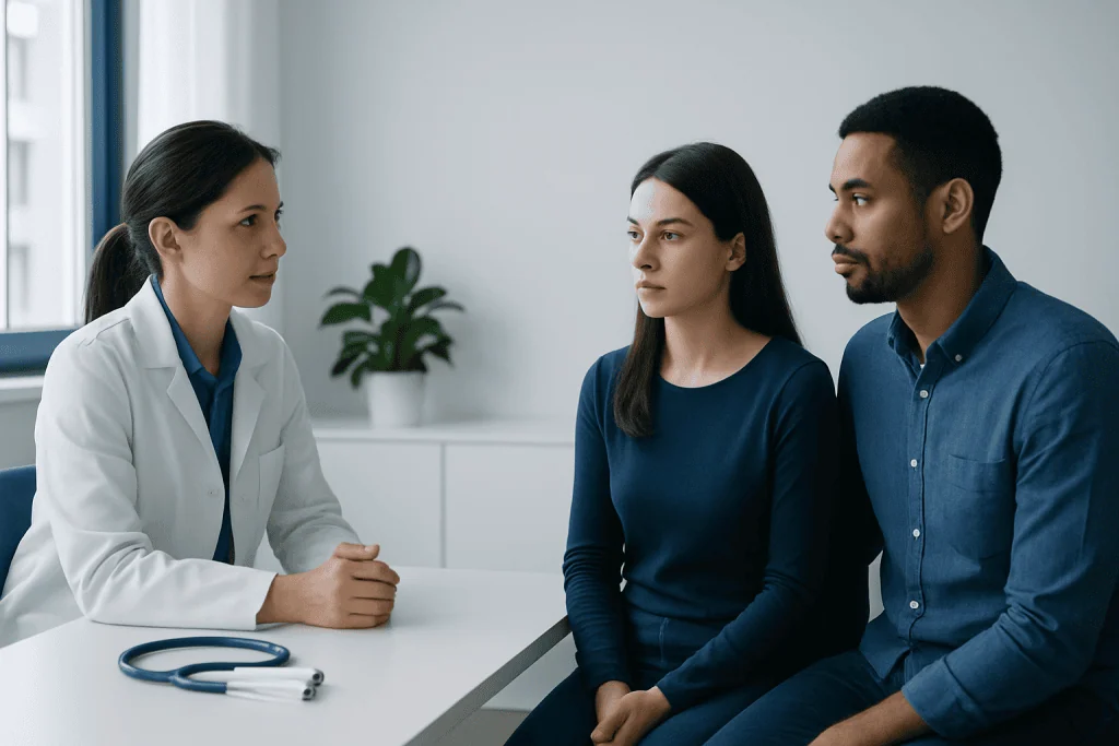 Doctor consulting with a couple in a medical office setting.