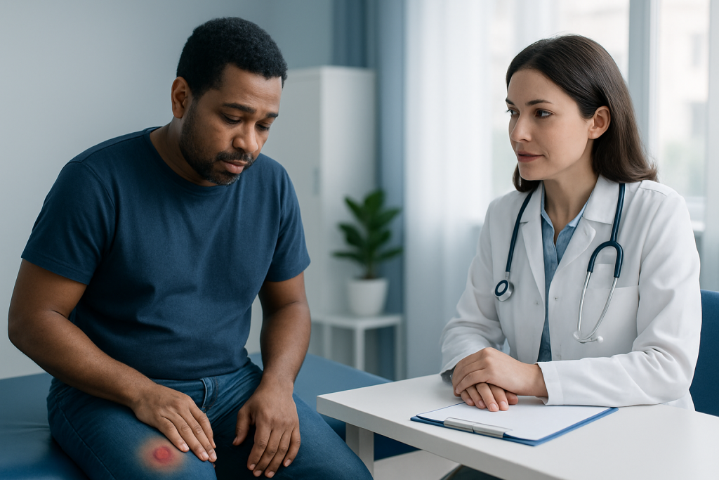 Doctor consulting male patient with knee pain at clinic.