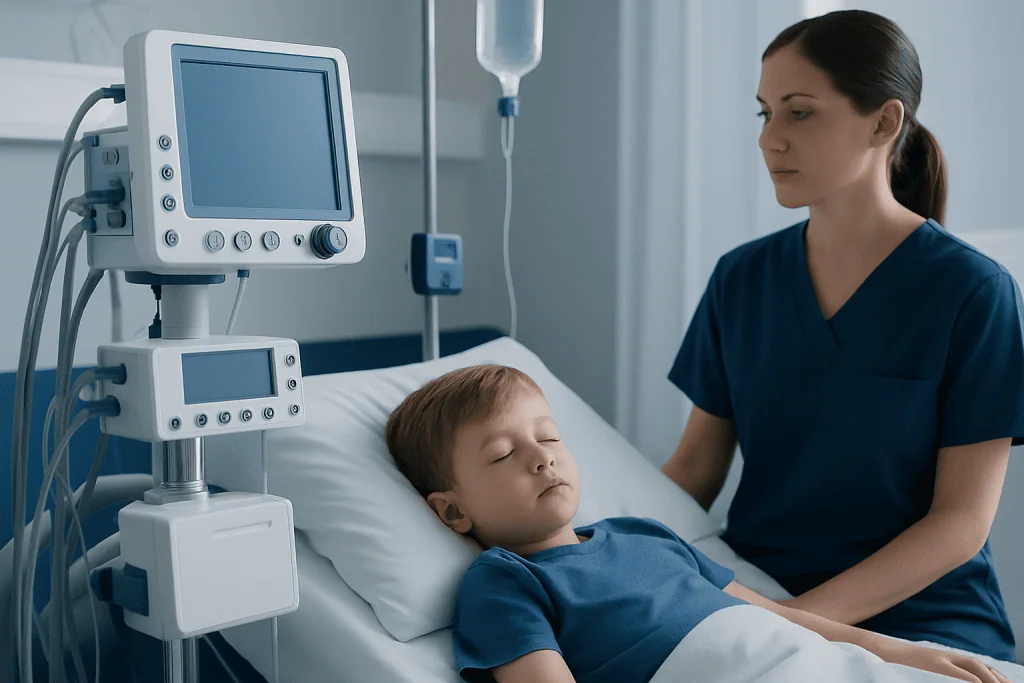 Pediatric patient undergoing neurological assessment in hospital.