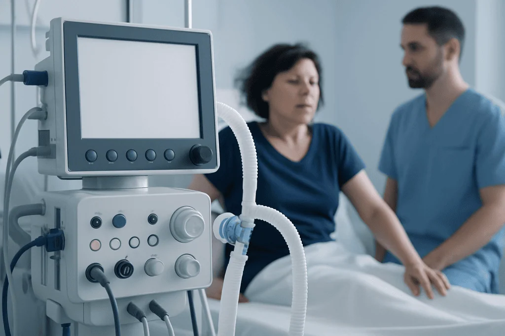 Medical ventilator in hospital room with patient and healthcare professional.