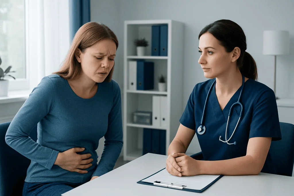 Patient experiencing stomach pain during consultation at hospital.